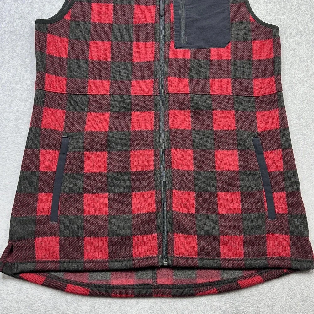 LL Bean Sweater Fleece Long Vest Womens Small Red Buffalo Plaid Full Zip Pockets